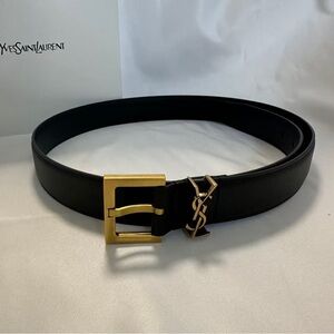 💖YSL Black Leather Belt with Gold Buckle – Size 85cm/34in